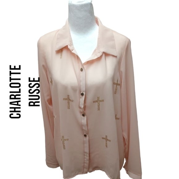 Charlotte Russe Button up Sheer long sleeve Blouse with Rhinstones size M - Picture 1 of 5